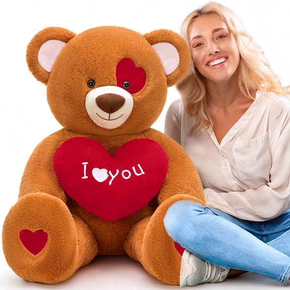 MorisMos 47.2in Valentine's Day Teddy Bear Stuffed Animal, Large Brown Bear Plush with "I Love You" Heart