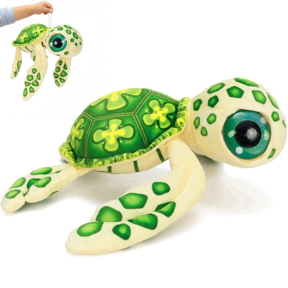 MorisMos 14in Big Eyes Sea Turtle Plush, Cute Green Turtle Stuffed Animal with Floral Shell