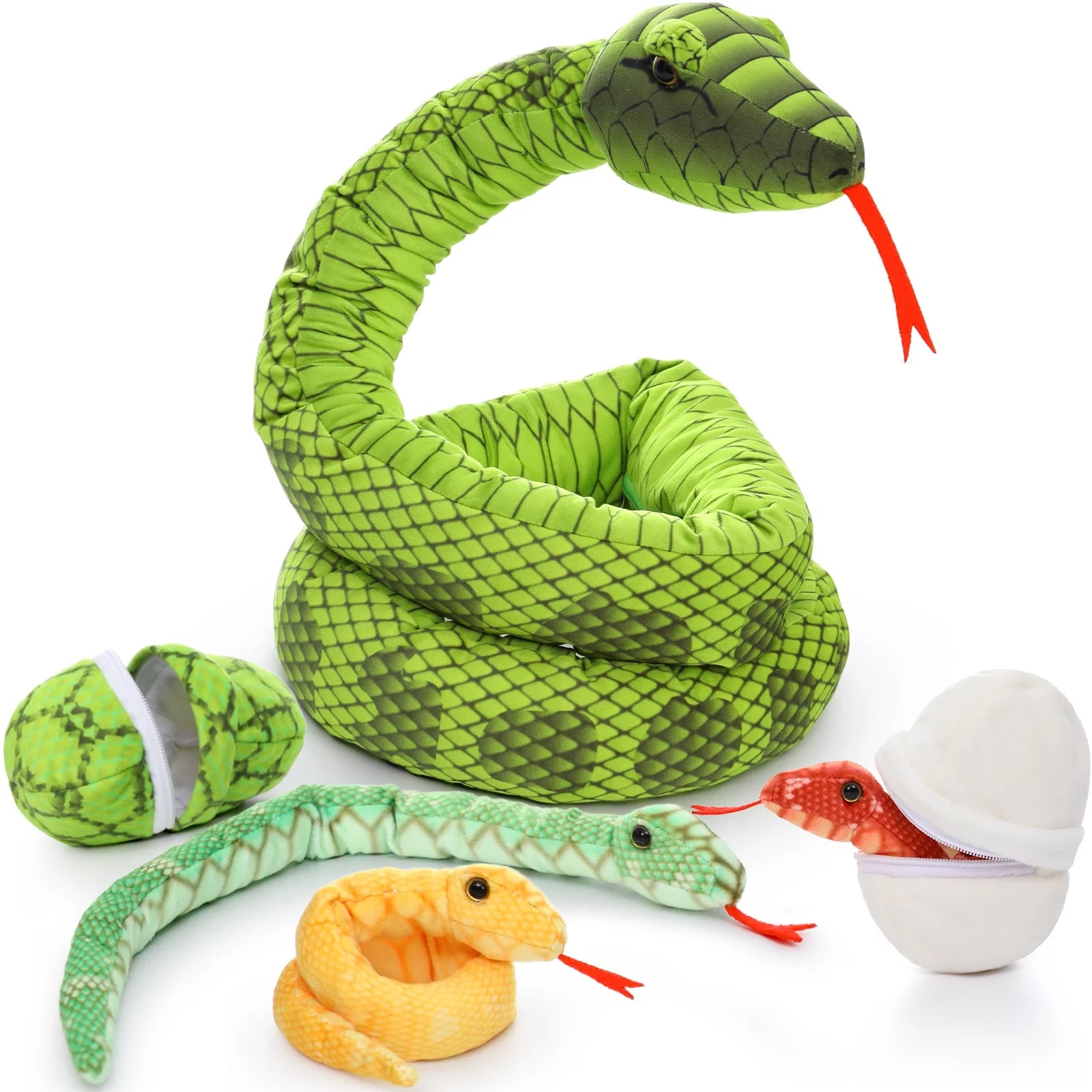 MorisMos Giant Realistic Snake Stuffed Animal 82" Mom Stuffed Snake with 3 Baby and 2 Eggs