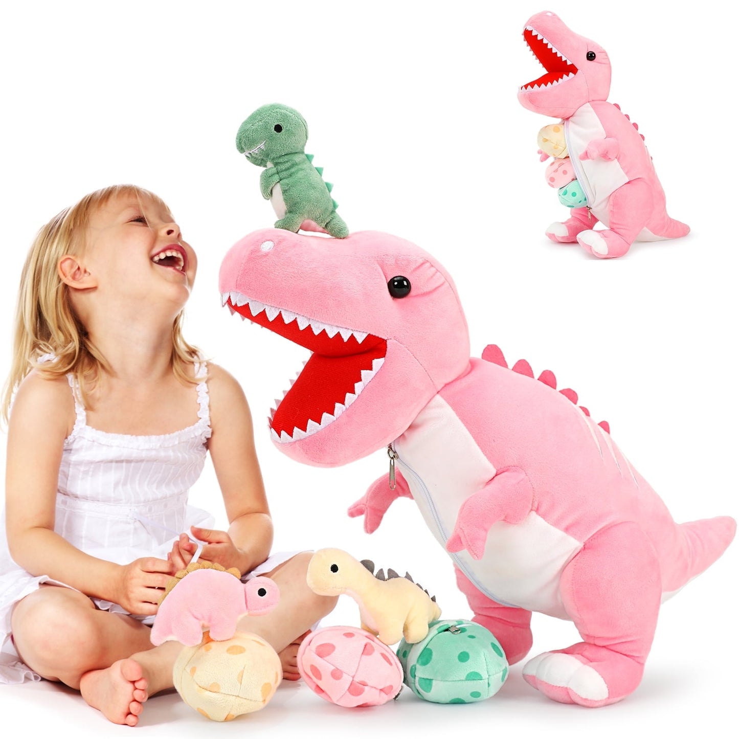MorisMos Pink Dinosaur Stuffed Animal 23.6'' Stuffed Dinosaur Mommy with 3 Babies