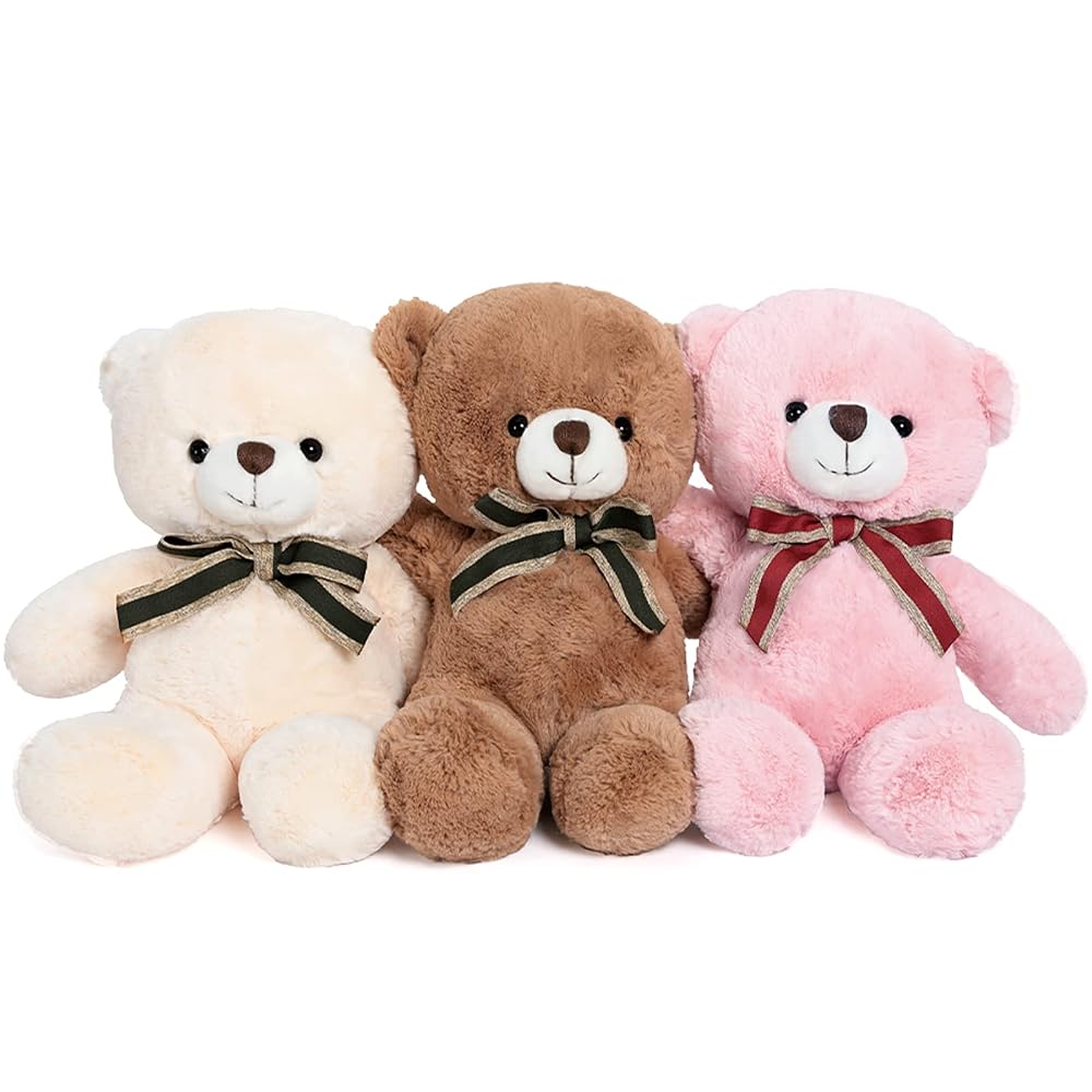 3-Pack Teddy Bear Stuffed Toys, 12'', White/Brown/Pink