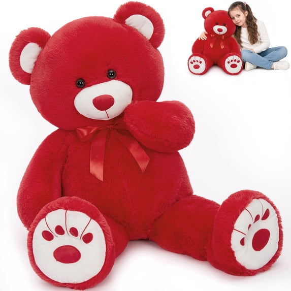 MorisMos Red Giant Teddy Bear 35.4" Stuffed Animal Soft Big Plush Toy with Bowknot and Footprint