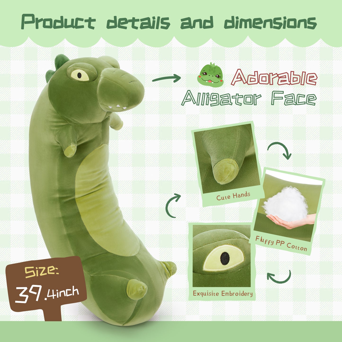 Crocodile Long Throw Pillow Alligator Stuffed Animals, Green, 43 Inches