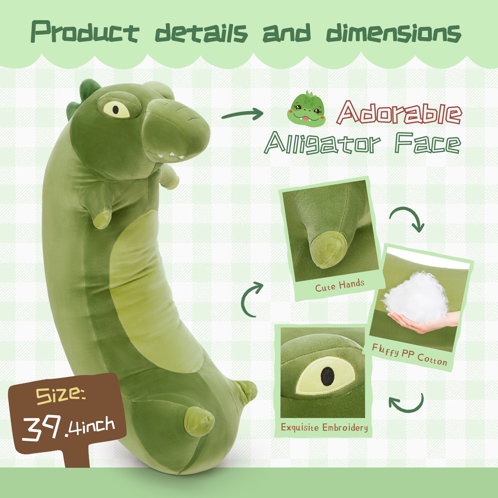 Crocodile Long Throw Pillow Alligator Stuffed Animals, Green, 39 Inches