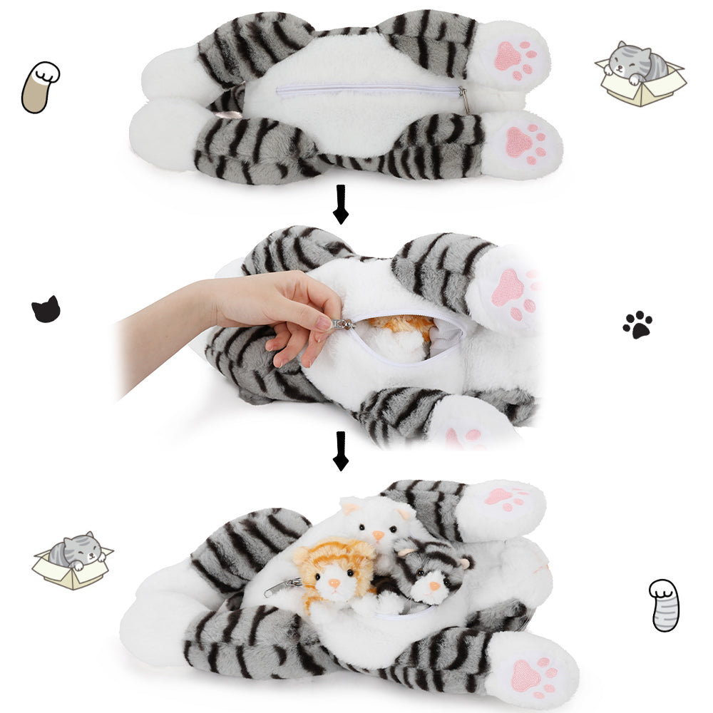 Realistic Tabby Cat Stuffed Animals - 4 Pcs Short Fur Tabby Cat Plush Toys - Tabby Kitty Baby Stuffed Animals with Their Mom - Cute Kitten Plush Toys - Christmas Birthday Gift for Kids Teens Adults