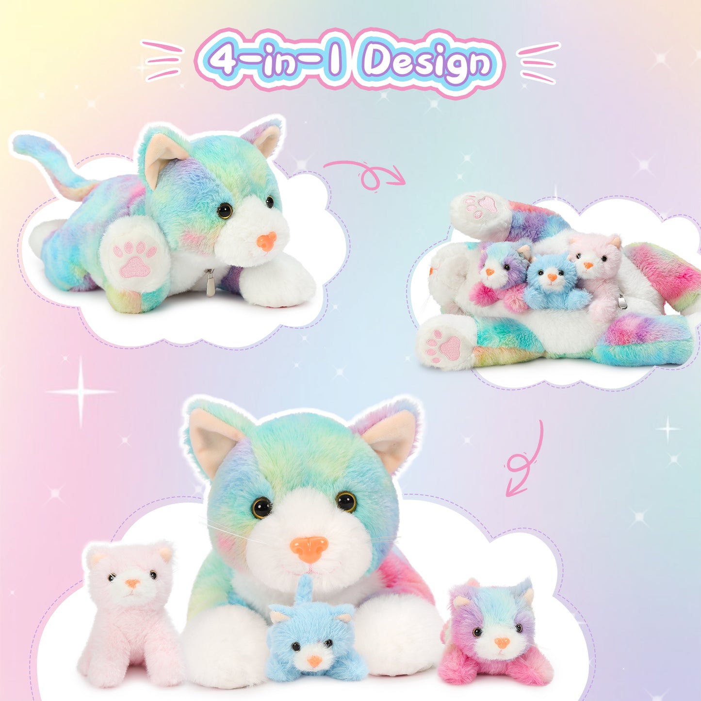 Realistic Rainbow Cat Stuffed Animals - 4 Pcs Short Fur Colorful Cat Plush Toys - Kitty Baby Stuffed Animals with Their Mom - Cute Kitten Plush Toys - Christmas Birthday Gift for Kids Teens Adults