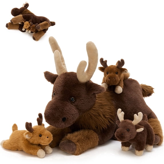 Muiteiur 4Pcs Moose Stuffed Animal 17.7" Stuffed Moose Mom with 3 Baby Moose Plushies