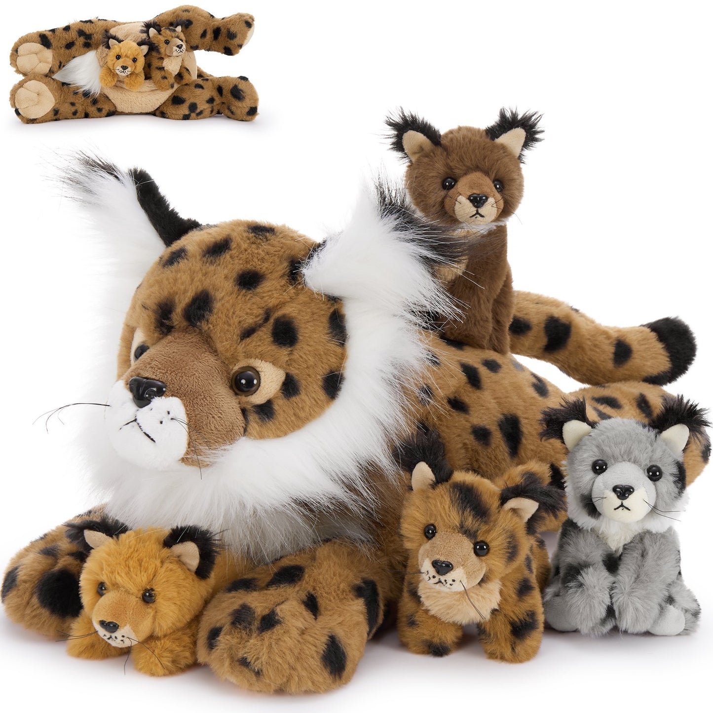 Muiteiur 5 Pieces 18" Brown Lynx Stuffed Animals Set Plush Mommy Bobcat with 4 Babies Plush Toy