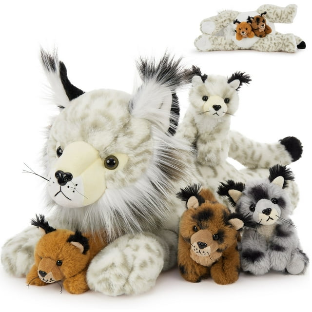 Muiteiur 5 Pieces 18" Lynx Stuffed Animals Set Plush Mommy Bobcat with 4 Babies Plush Toy