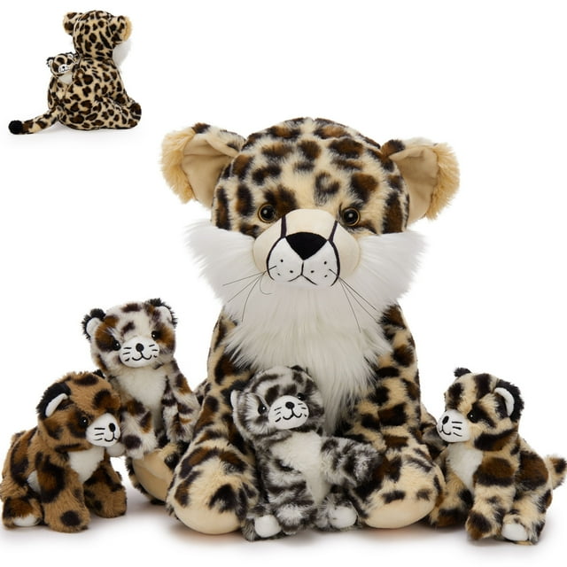 Muiteiur 5Pcs Leopard Stuffed Animal 14'' Giant Cheetah Plush with 4 Babies Plush Toy