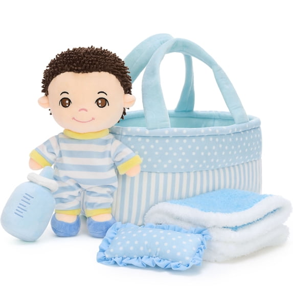 Muiteiur 6Pcs Plush Doll Gift Set with Carry Basket, Mini Cushion, Clothes, and Pretend Feeding Accessories