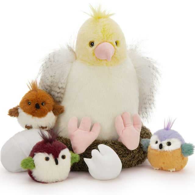 Muiteiur 7 Pcs Parrot Stuffed Animal Giant Budgerigar Plush Toy with 3 Bird Babies, 2 Eggs, and 1 Nest Set