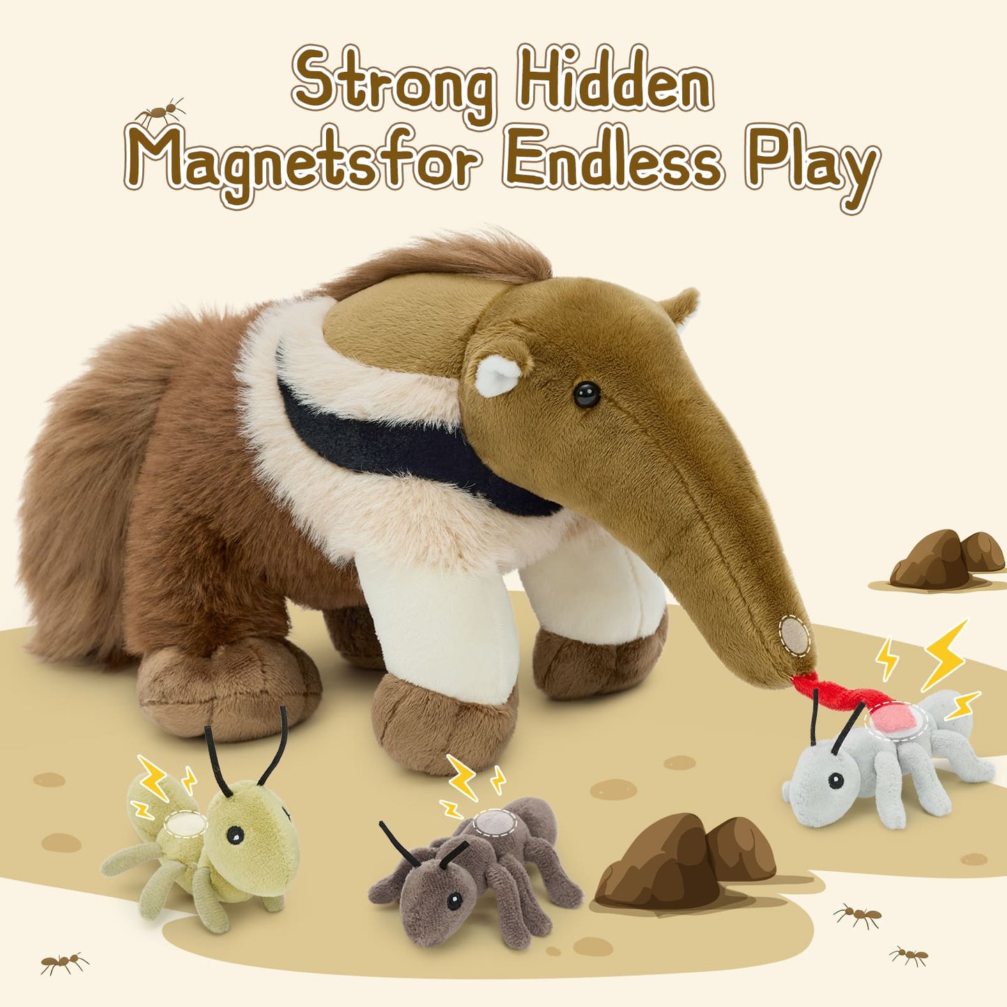 Kids’ educational animal plush with detachable magnetic ants