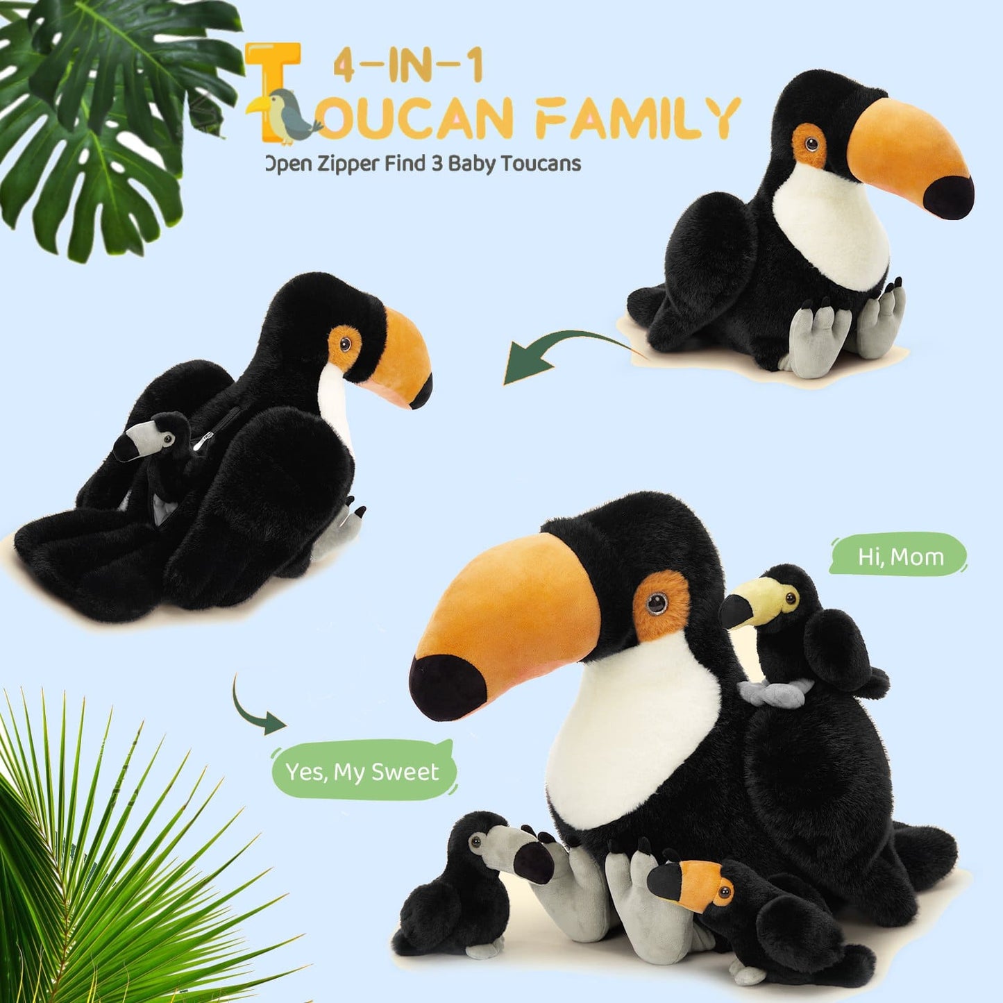 Large toucan plush toy with three baby toucans, perfect gift for children