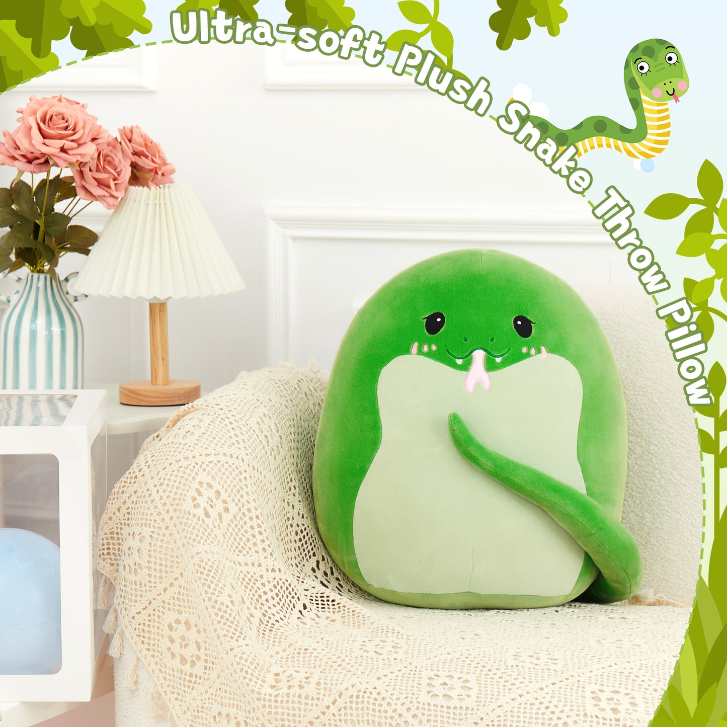 Snake Plush Toy Cartoon Throw Pillow, Green, 17.7 Inches