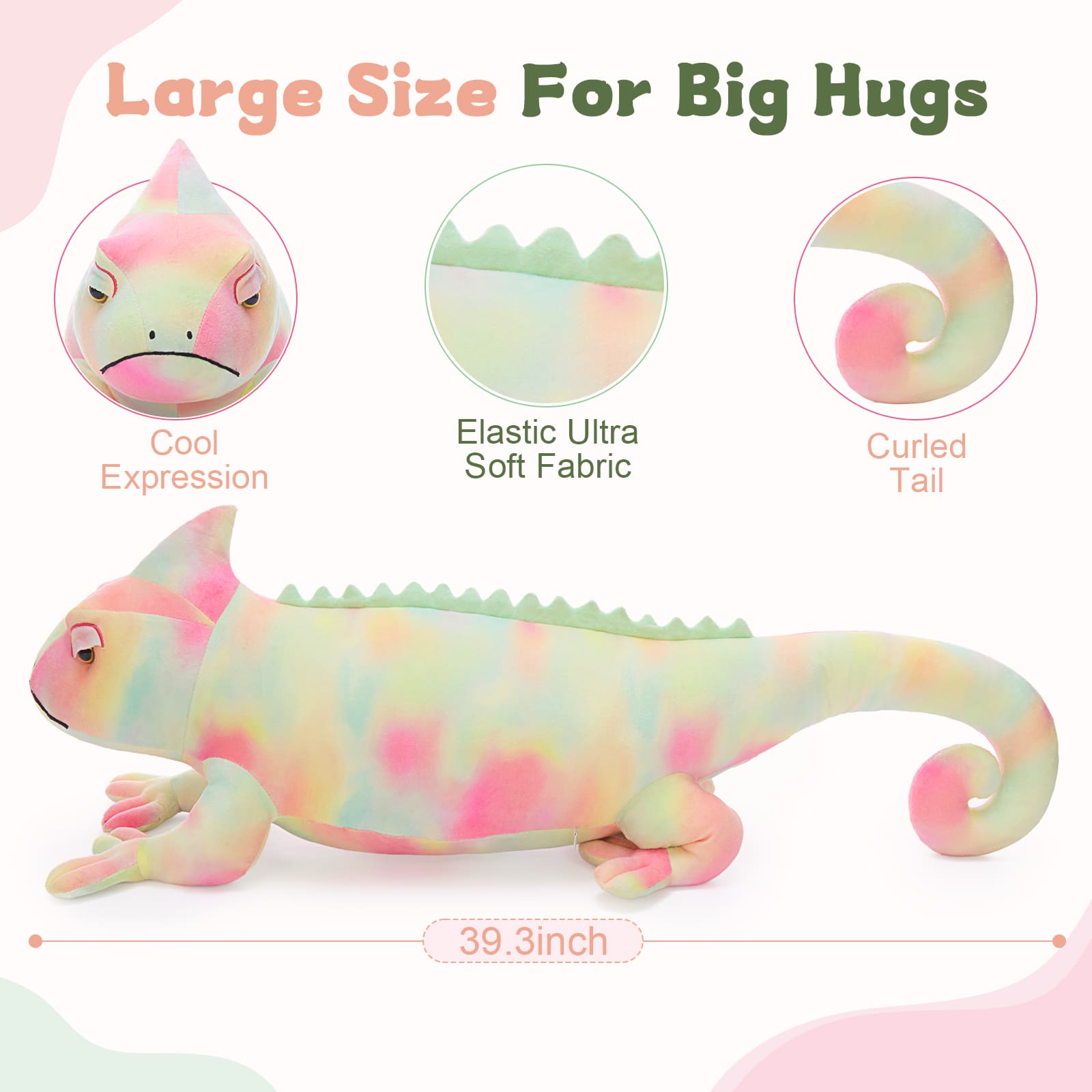 39.3" Pastel Rainbow Chameleon Plush Toy Giant Soft Stuffed Lizard Pillow