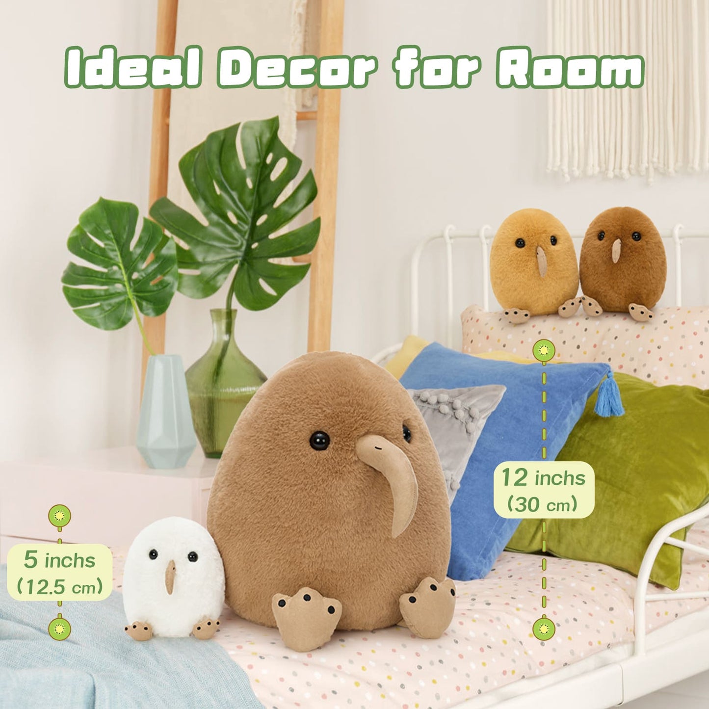 Kiwi Plush animal toys on a bed with measurements and text 'Ideal Decor for Room'.