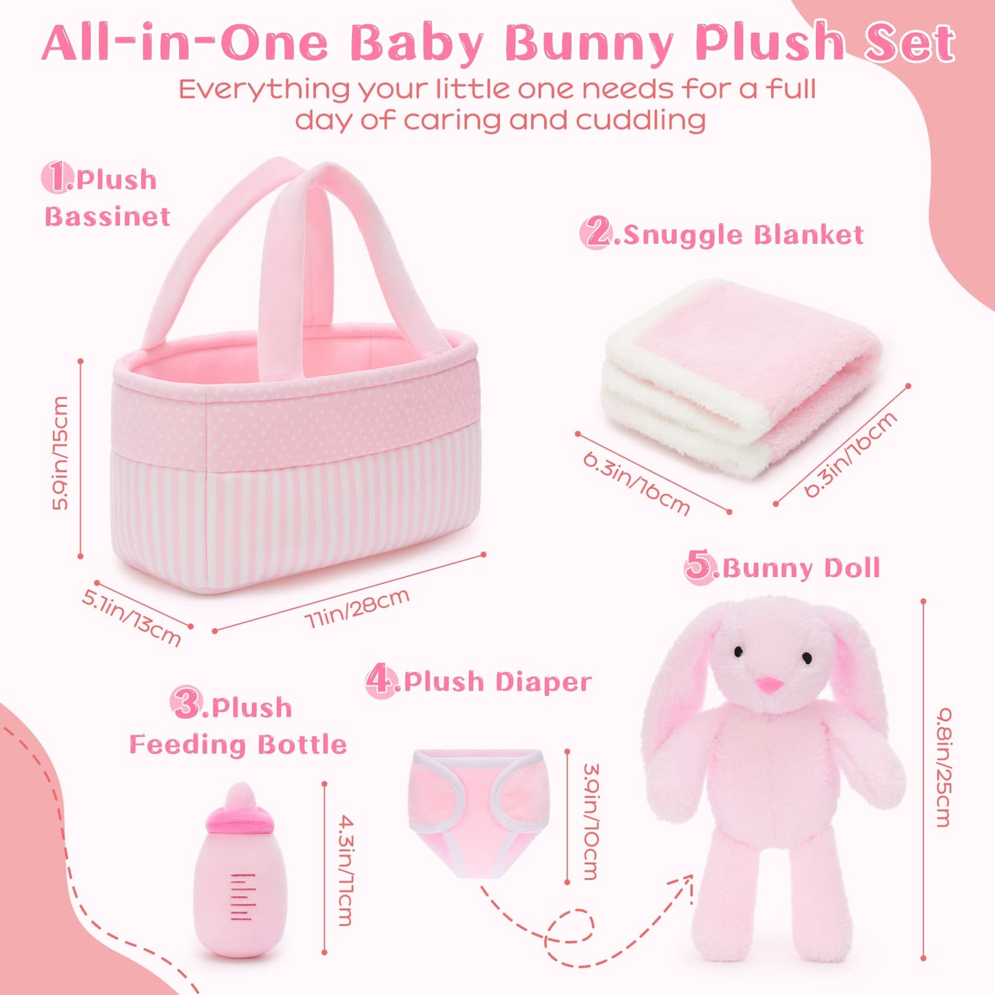 A kawaii-style stuffed bunny gift set presented in a pink basket, including small accessories and a toy bottle, styled as a cheerful Easter or infant gift with a playful and gentle aesthetic.