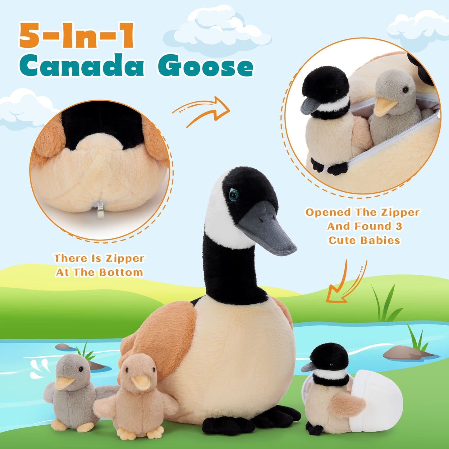 Soft plush goose toy with baby goslings, interactive nature-inspired gift for toddlers, kids, and wildlife enthusiasts