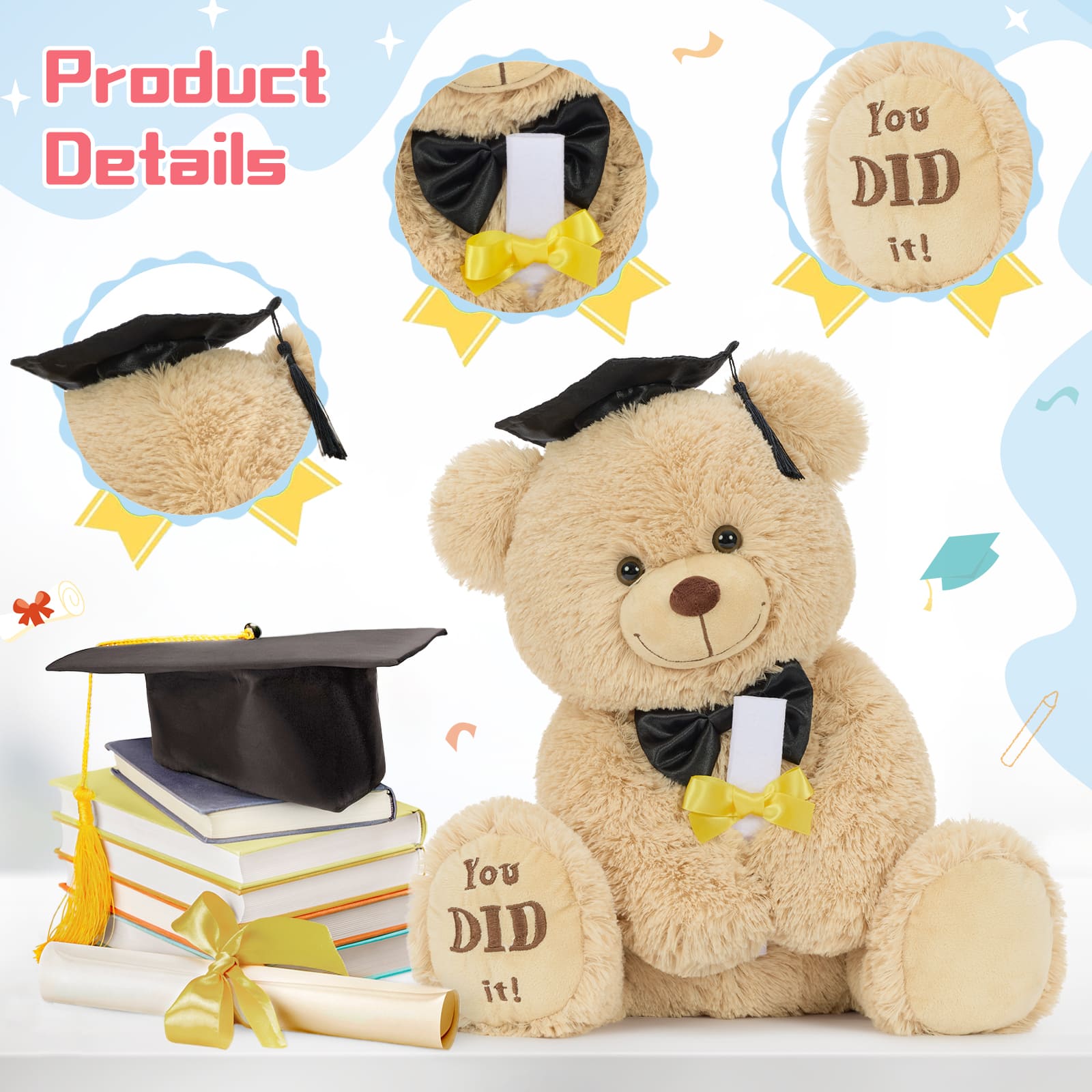 Cute celebratory graduation bear plush toy soft fur cap and diploma keepsake gift for achievement and success celebration