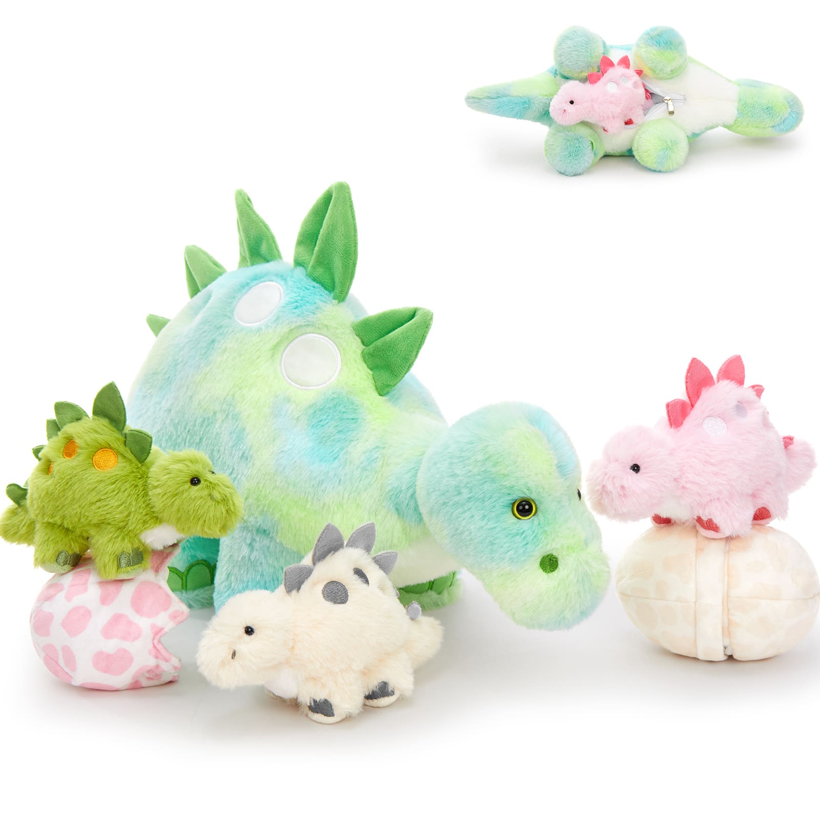 MorisMos Dinosaur Stuffed Animal, Dinosaur Plush Toys for Girls, Cute Dino Plushies, Mommy Dinosaurs,3 Baby & 2 Eggs Gifts Kids Boys Christmas Easter Birthday Children's Day (Night-Glowing Stegosaurus)
