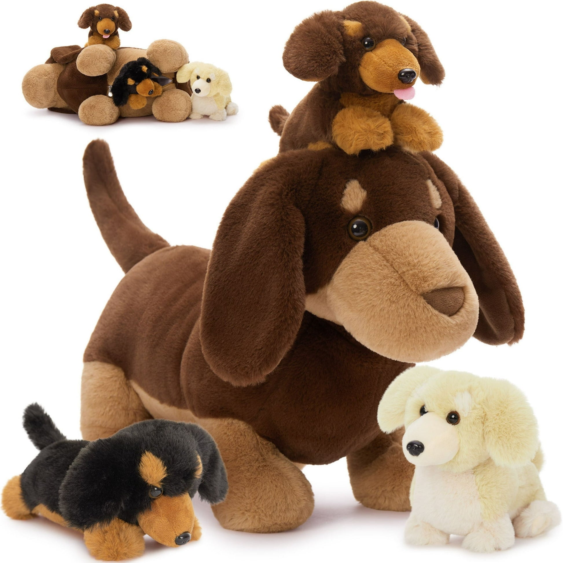 Tezituor 4Pcs Dachshund Stuffed Animal 18'' Mommy Stuffed Weiner Dog with 3 Puppies Plush Toy