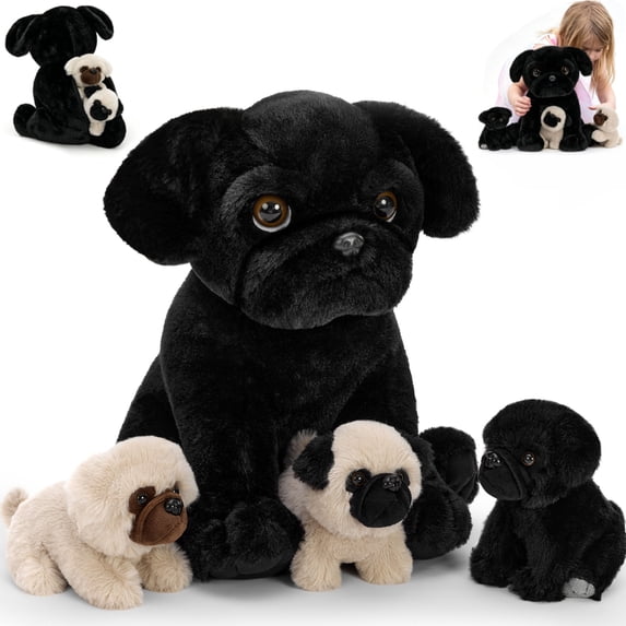 Tezituor 4Pcs Pug Dog Stuffed Animal 14" Stuffed Pug with 3 Baby Dogs Plush Toy