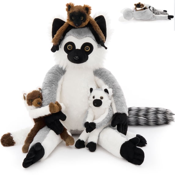 Tezituor 4Pcs Ring-Tailed Lemur Stuffed Animal 29.5" Realistic Monkey Plush with 3 Cute Baby Lemurs Plush Toy
