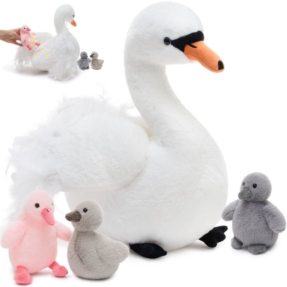 Tezituor 4Pcs Swan Stuffed Animal 17" Stuffed Swan with 3 Cute Baby Plush Toys Cuddle Pillow