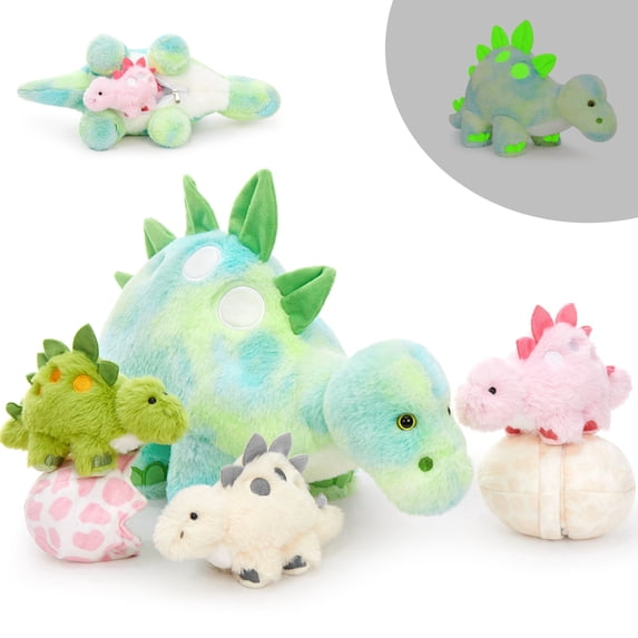 Tezituor 6Pcs Dinosaur Stuffed Animal 18.5" Large Stegosaurus Plush Glow in The Dark with 3 Baby & 2 Eggs Plush Toys
