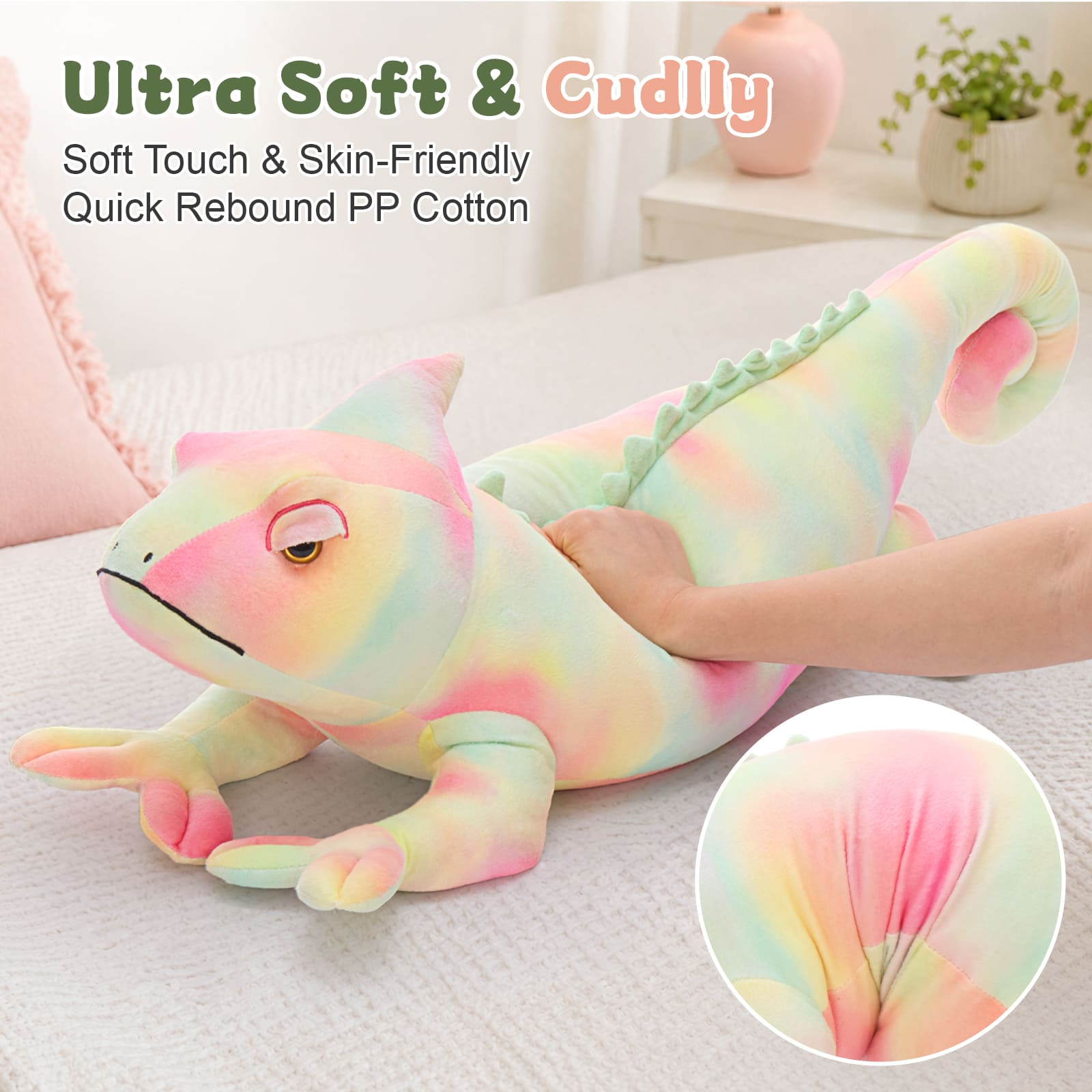 39.3" Pastel Rainbow Chameleon Plush Toy Giant Soft Stuffed Lizard Pillow