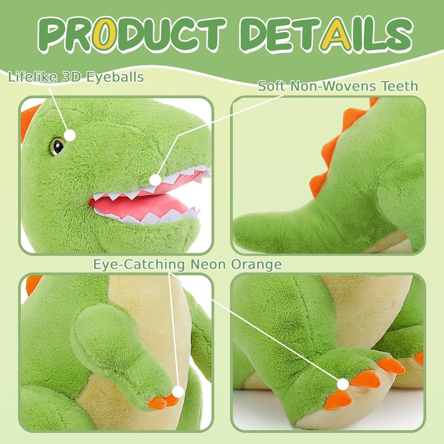 Cute T-rex Plush Toy - Dinosaur Stuffed Animals, 26 Inches - Big Green Dino Plush Toys - Cute Cartoon Dinosaur Plush Pillows for Kids - Jurassic Park Stuffed Animals - Christmas/Birthday/Valentine's Day/Baby Shower Gift for Kids Teens Adults