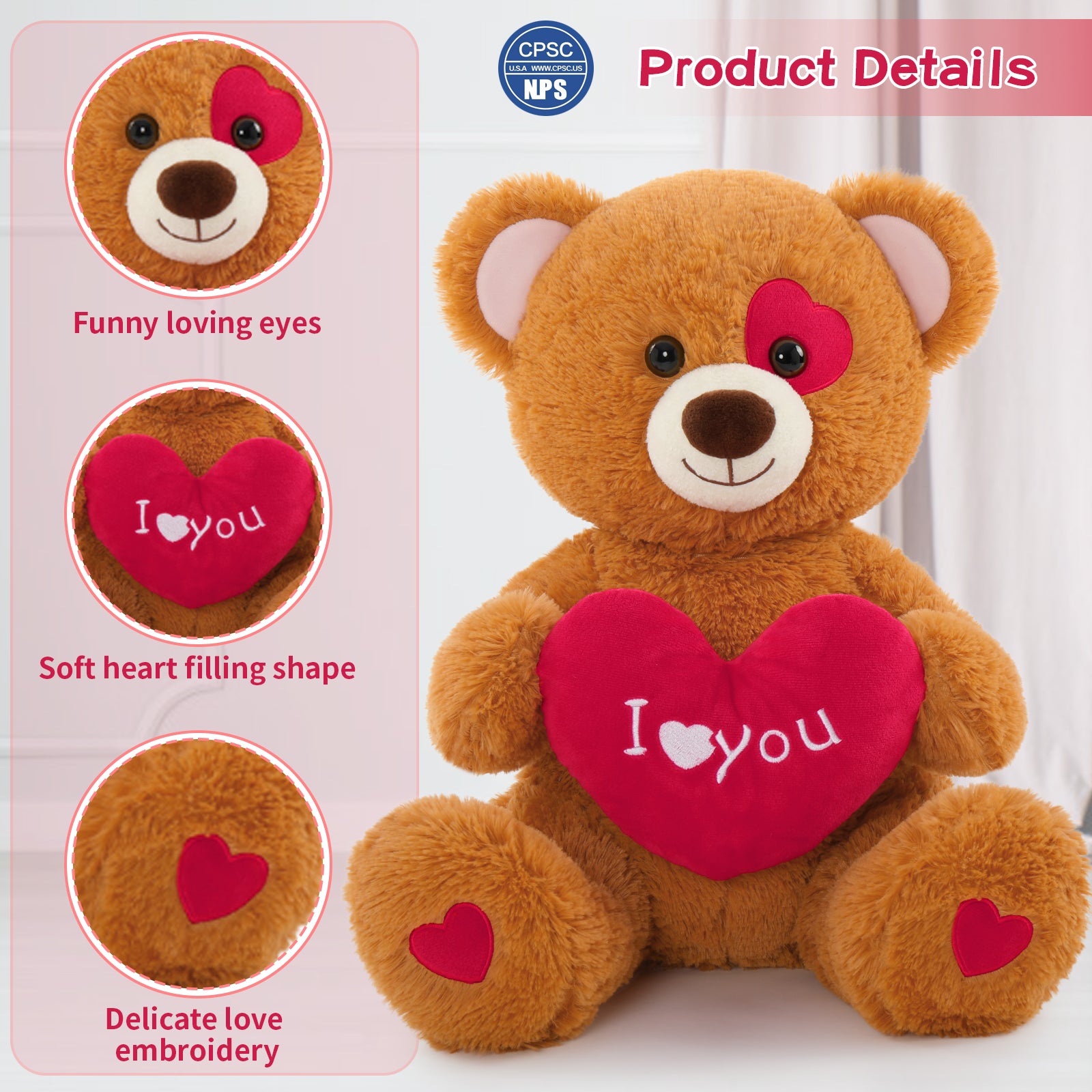 Valentine's Teddy Bear Plush Toy, Brown, 19.7 Inches