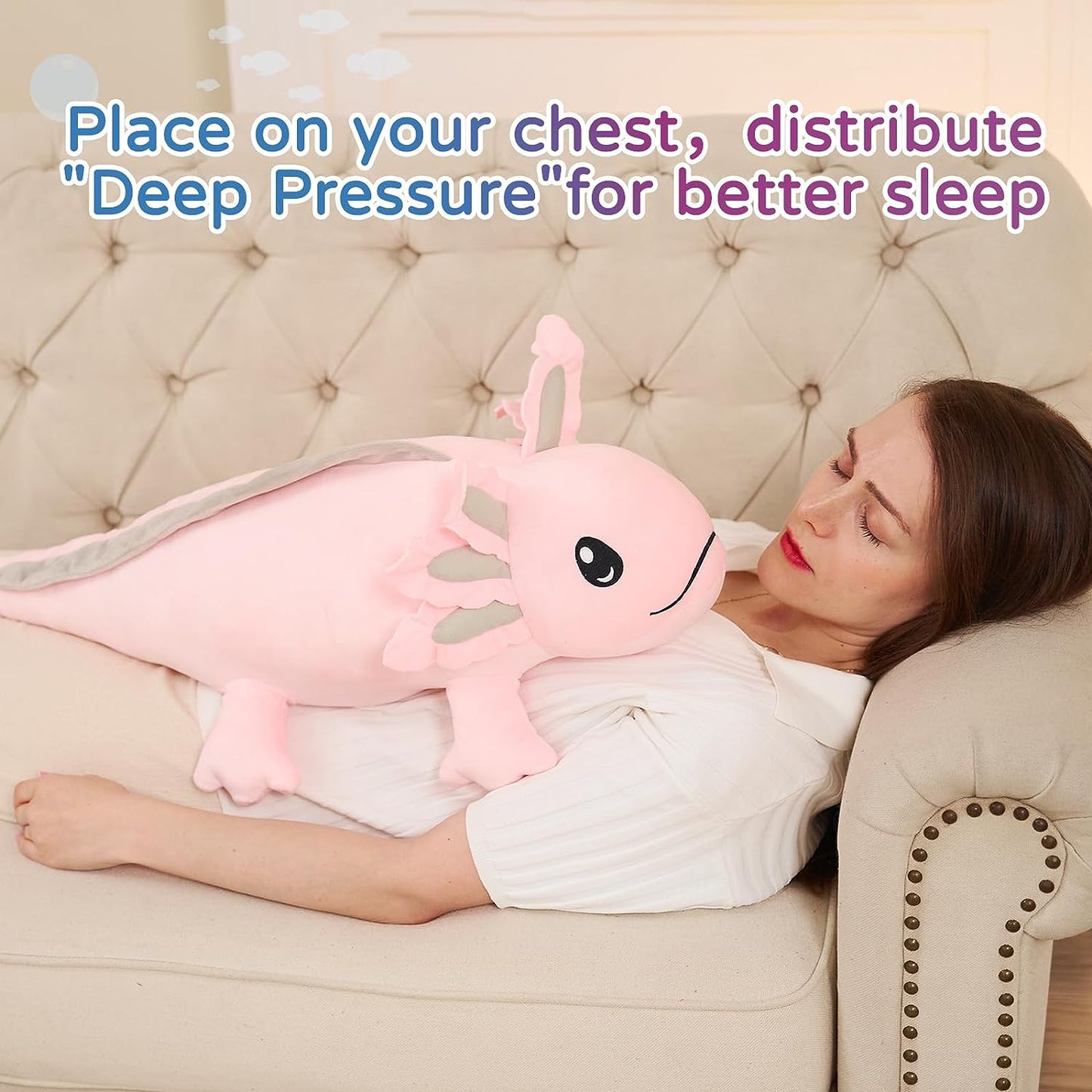 This axolotl plushie isn't the common stuffed animal. What makes it unique is its weight, which has therapeutic benefits. It's a great helper when dealing with anxiety, keeping emotions in check, and even kicking off stress! The secret of its weight? It's all in the stuffing it's filled with. This axolotl plush toy comes filled with tiny weighted beads in its tummy and four limbs. But don't worry, these beads are totally safe for use.