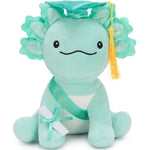 Small and soft mint green axolotl stuffed animal wearing graduation cap and sash, holding diploma, designed as a cute and memorable graduation keepsake gift for students.