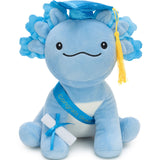 Funny and adorable blue axolotl plush toy celebrating graduation, featuring a detailed graduation cap, “Congratulations” sash, and mini diploma, perfect for graduation ceremony gifting.