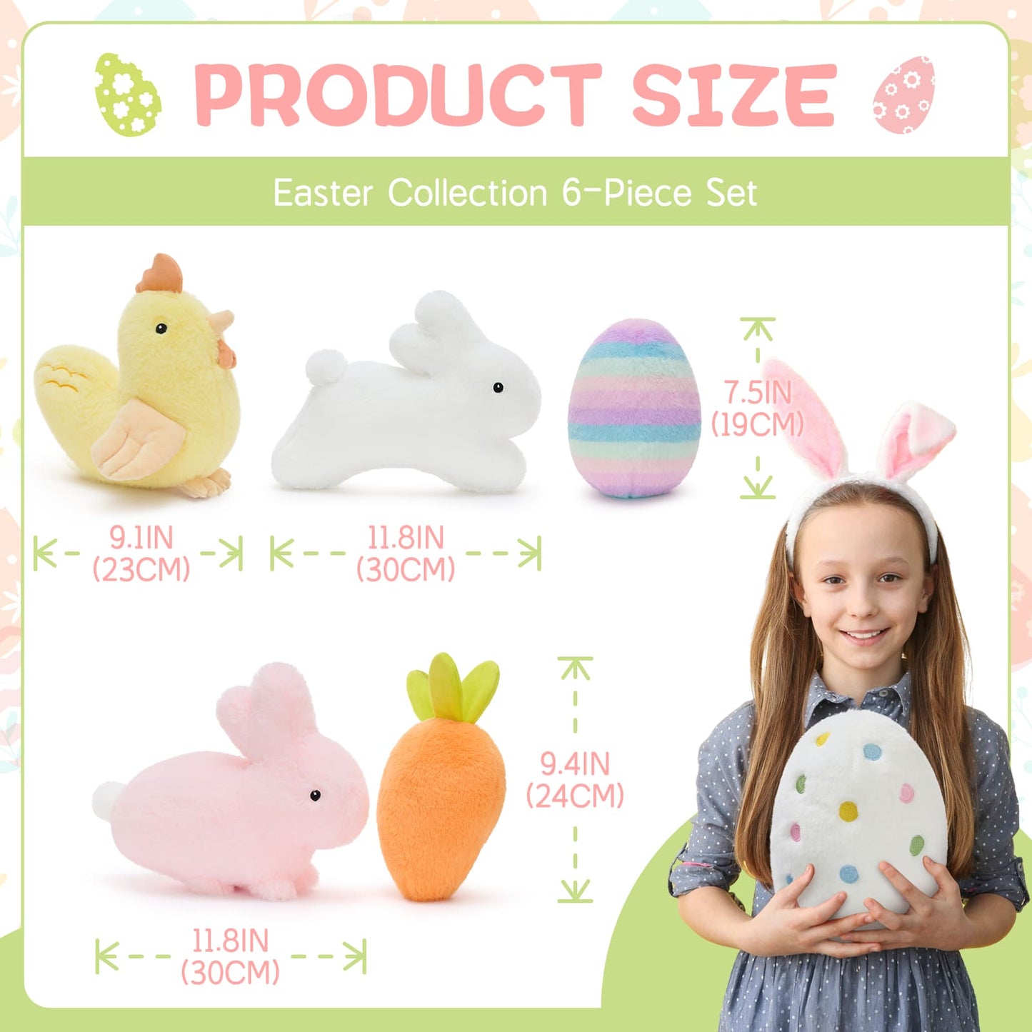 Adorable Easter themed plush toys including white rabbit plush, pink bunny stuffed animal, yellow chick plush toy, carrot plush, and decorative Easter egg stuffed animals