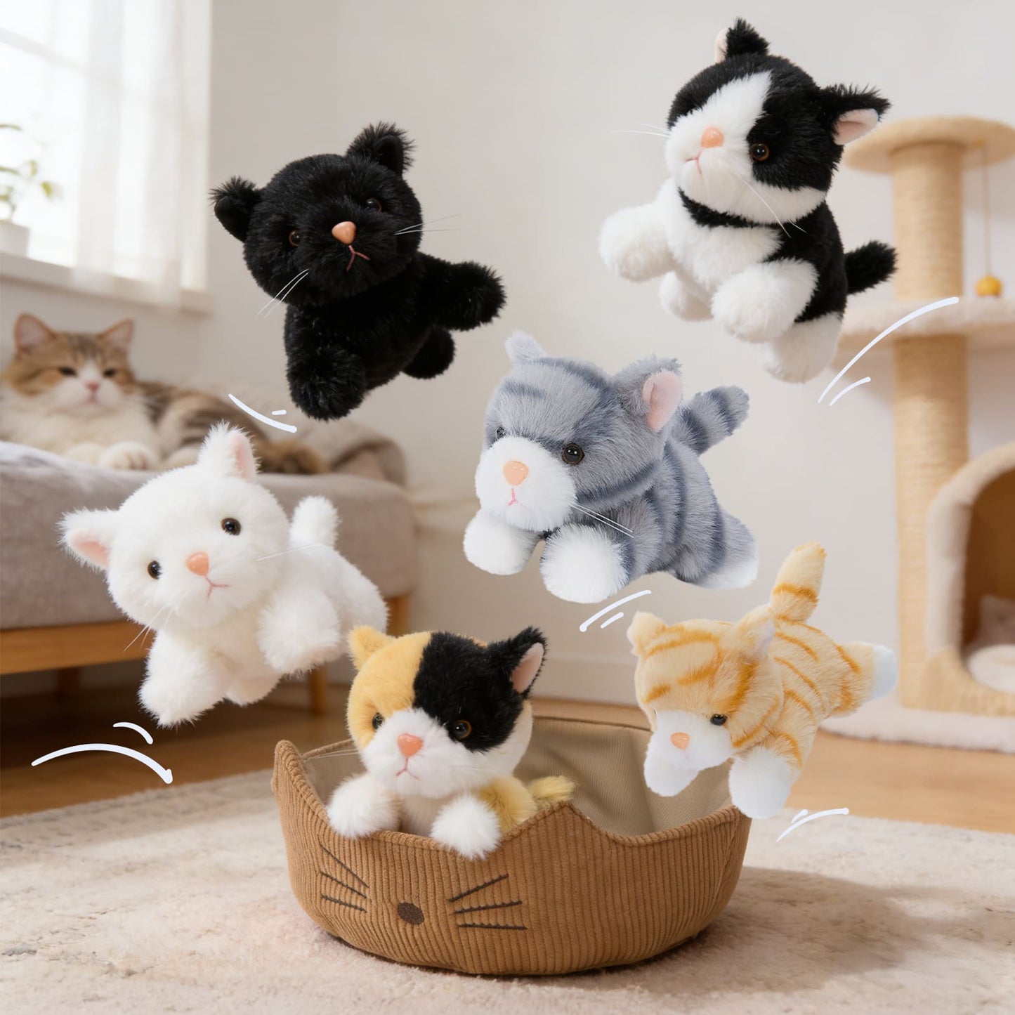Multiple soft and cuddly kitten plushies with realistic features gathered in a decorative basket, creating a charming and cozy scene for home décor or playtime.