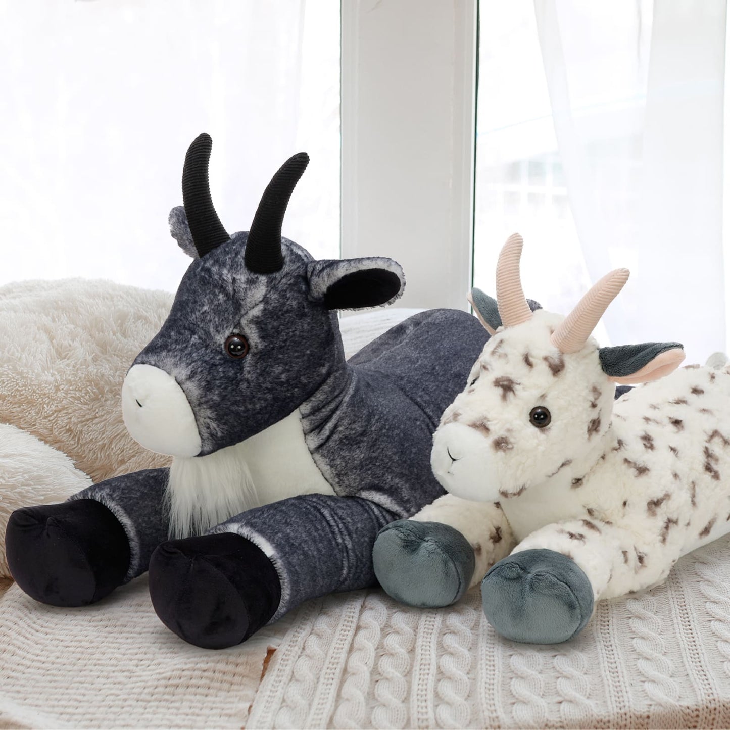 Gray goat plush toy lying down, long body stuffed animal pillow for comfort and decoration