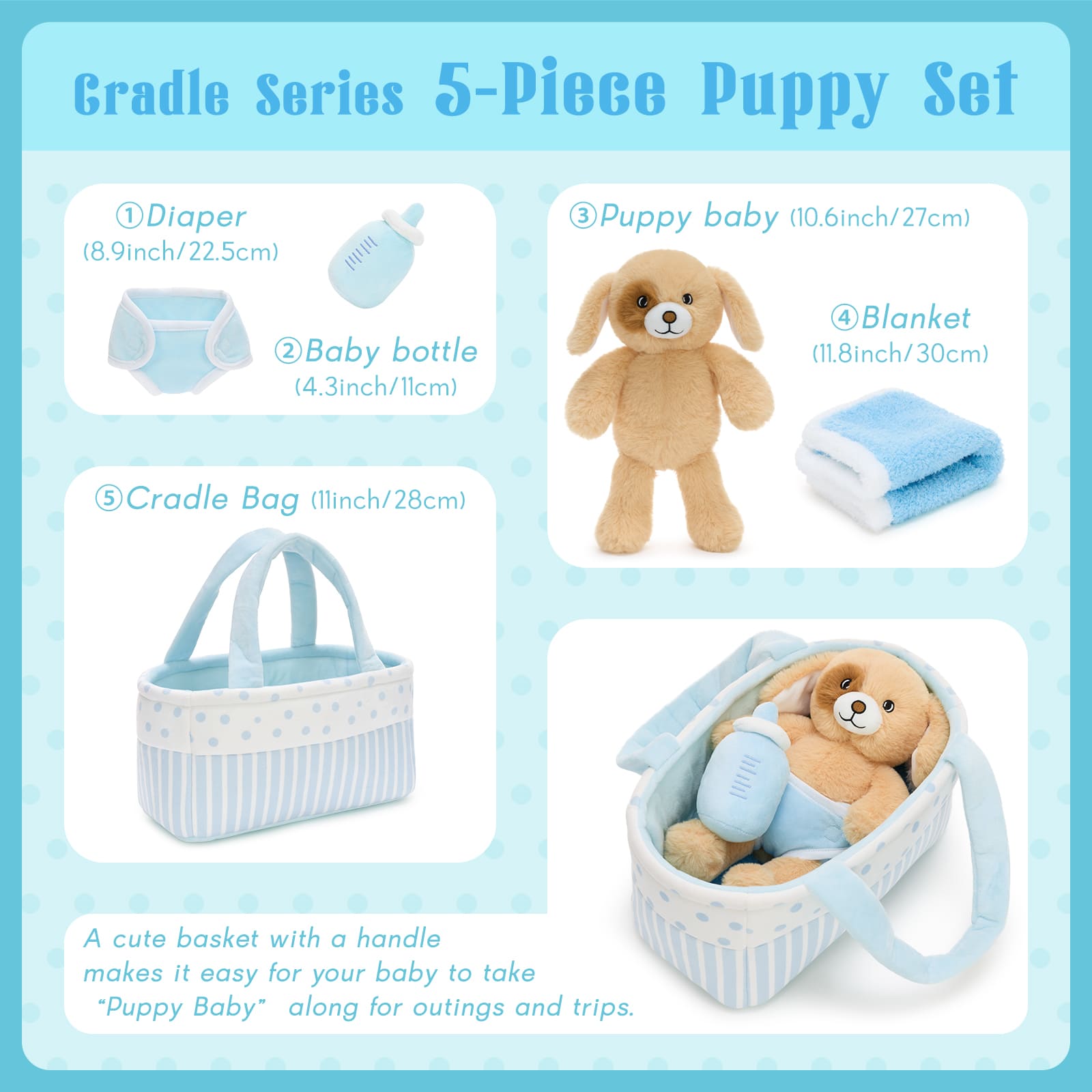 Cute Plush Puppy Baby Gift Set with Basket, Blanket & Bottle