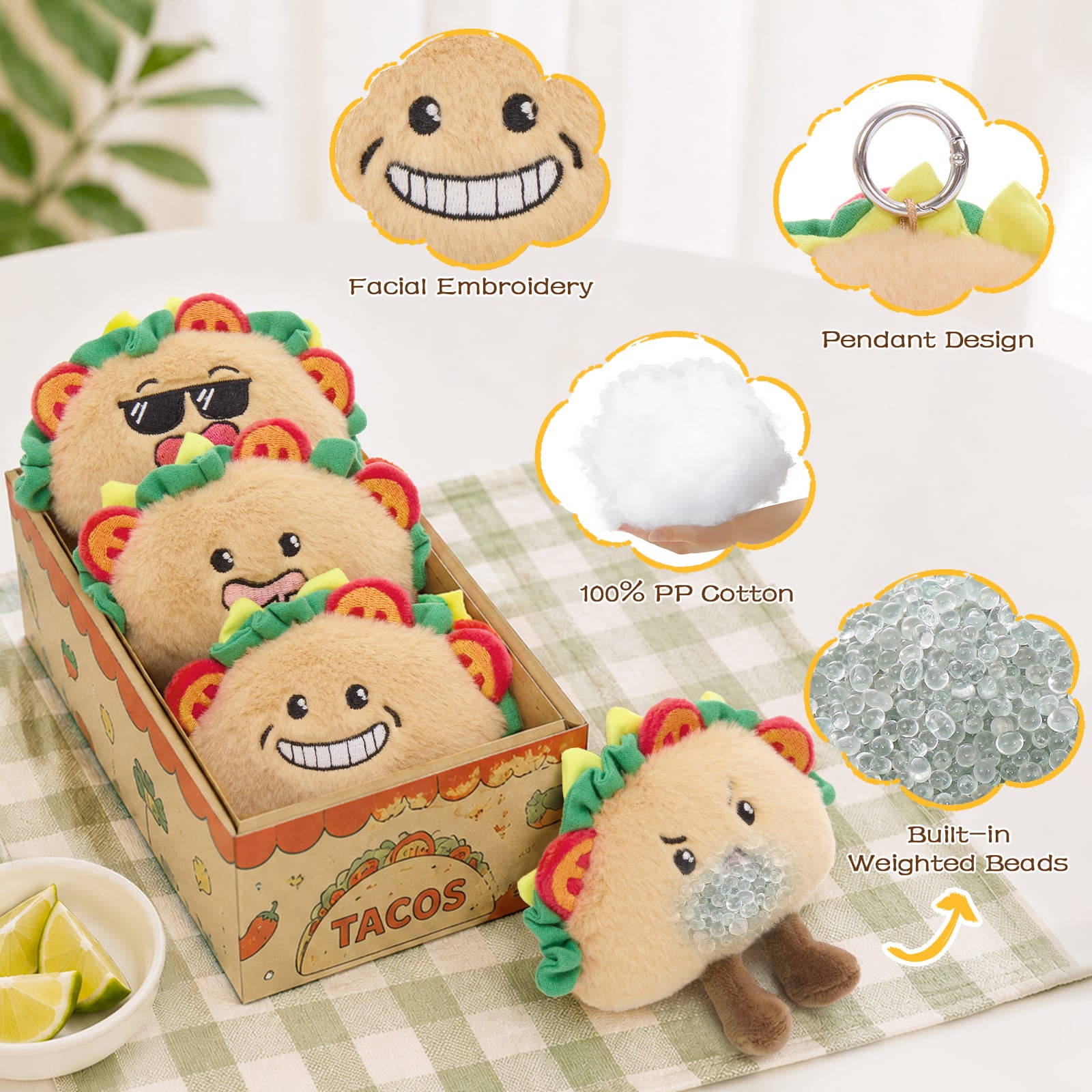 Cute Mini Taco Plush Keychain 4.3" Bag Charm Emoji Face