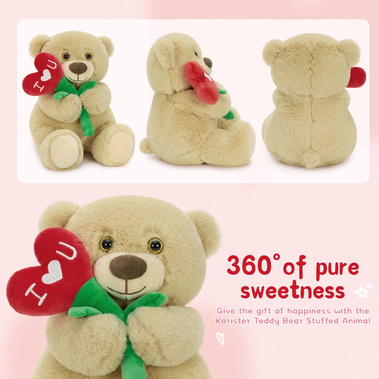 Cute teddy bear holding red heart flower with I love you text, soft plush teddy bear romantic gift for Valentine’s Day, anniversary, and special occasions