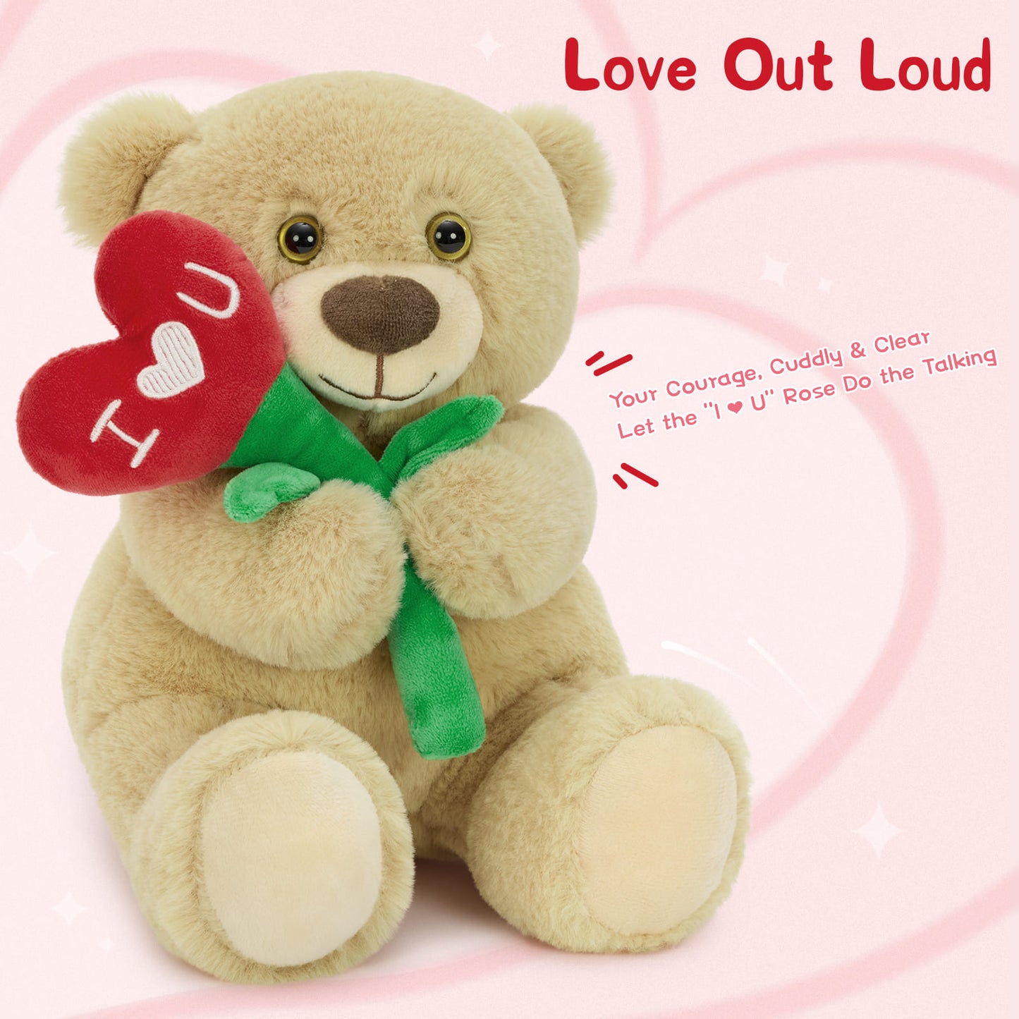 Cute teddy bear holding red heart flower with I love you text, soft plush teddy bear romantic gift for Valentine’s Day, anniversary, and special occasions
