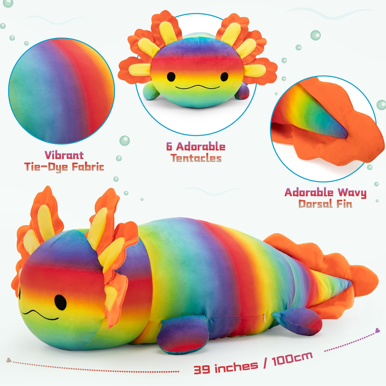 39-inch Rainbow Axolotl Plush Toys - Big Axolotl Stuffed Animals - Squishy Sofa Throw Pillows - Christmas Birthday Gift for Friends