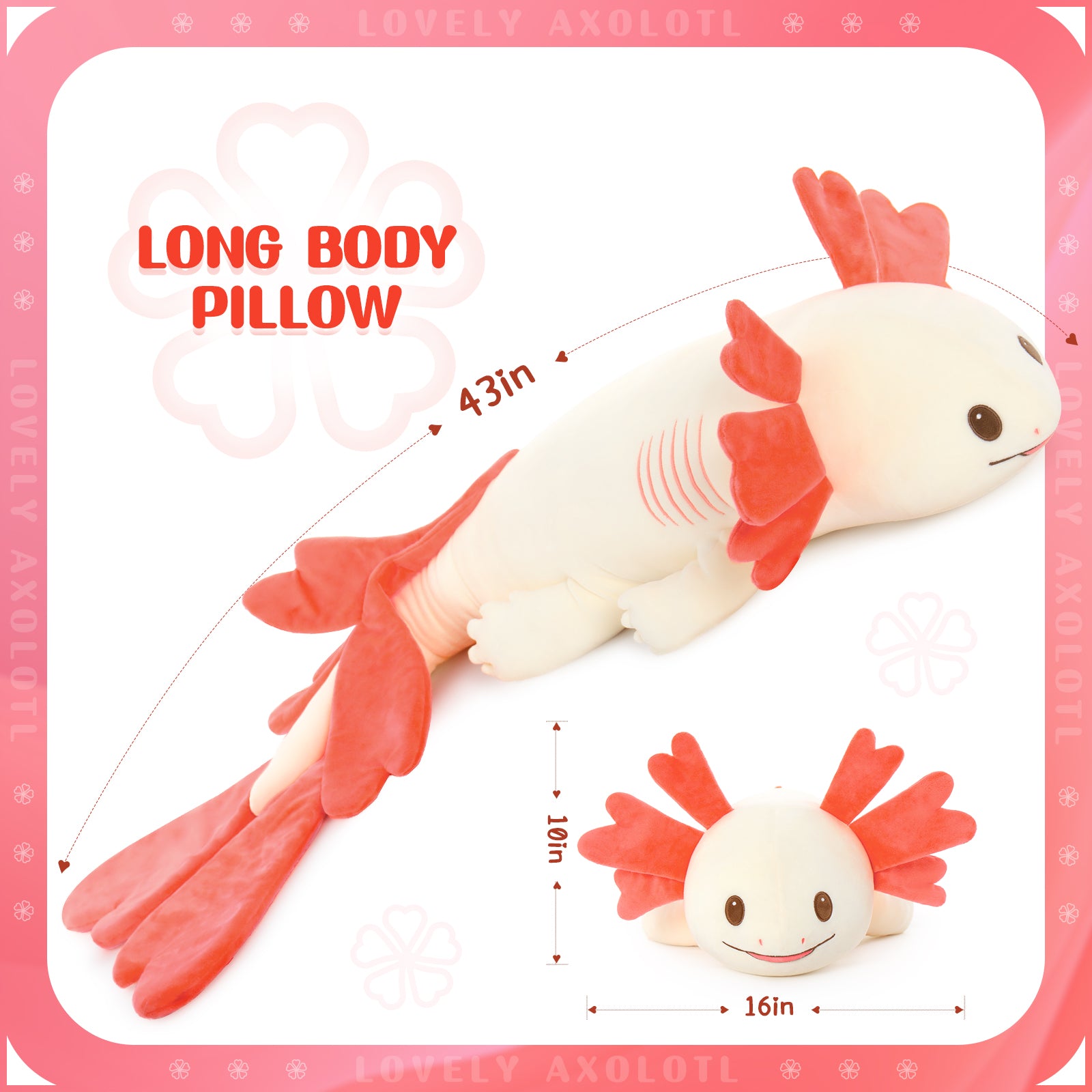 Axolotl Plush Toy Salamander Long Throw Pillow, Red/Blue, 43 Inches