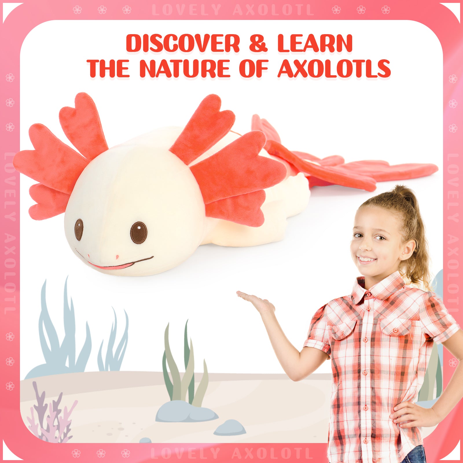 Axolotl Plush Toy Salamander Long Throw Pillow, Red/Blue, 43 Inches