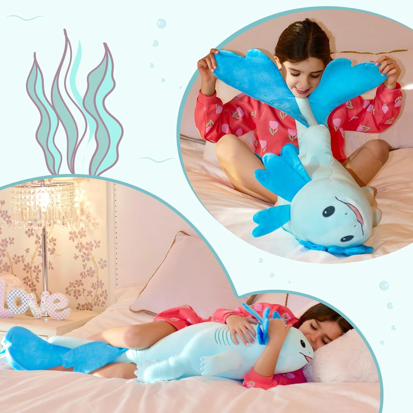 Axolotl Plush Toy Salamander Long Throw Pillow, Blue, 43 Inches