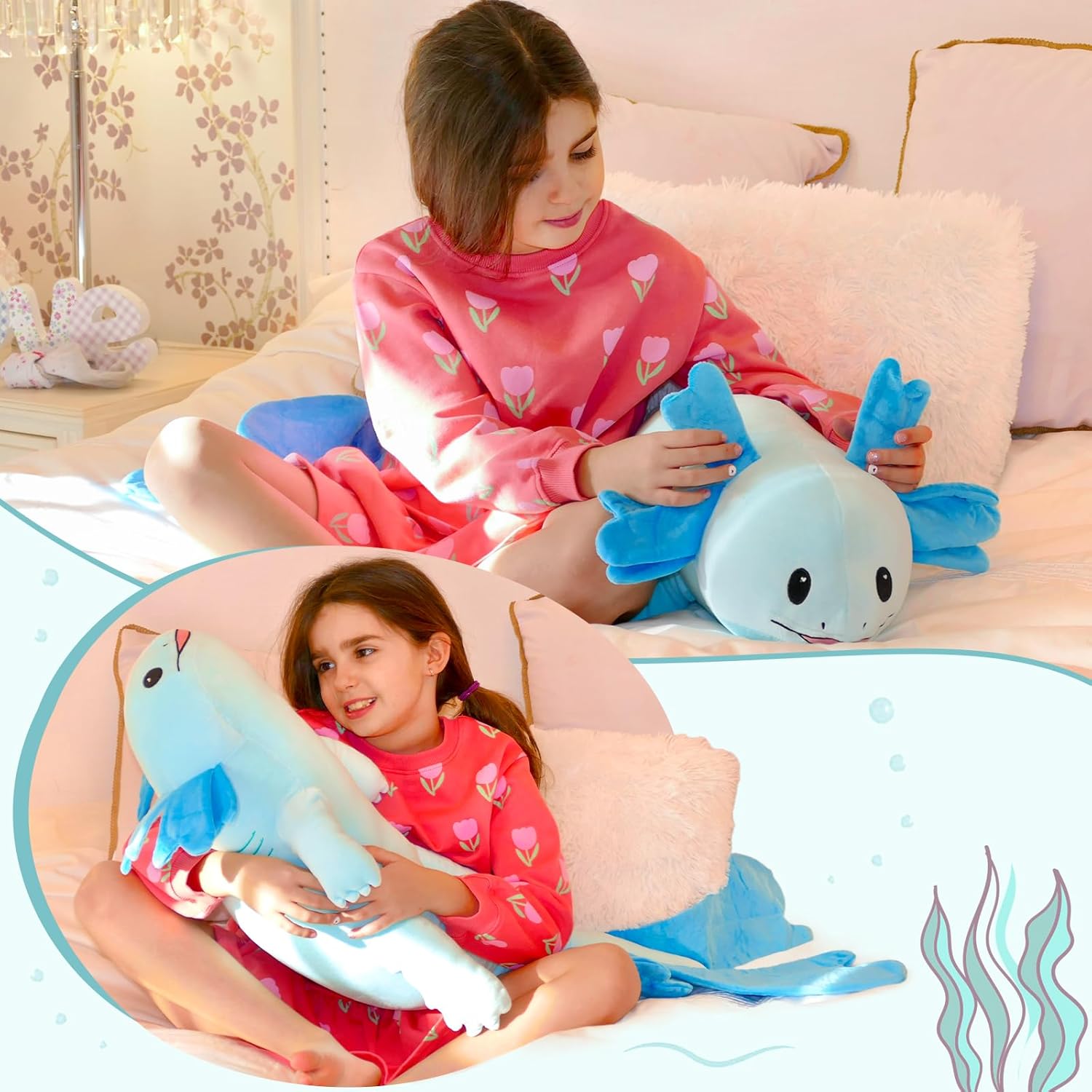 Axolotl Plush Toy Salamander Long Throw Pillow, Red/Blue, 43 Inches