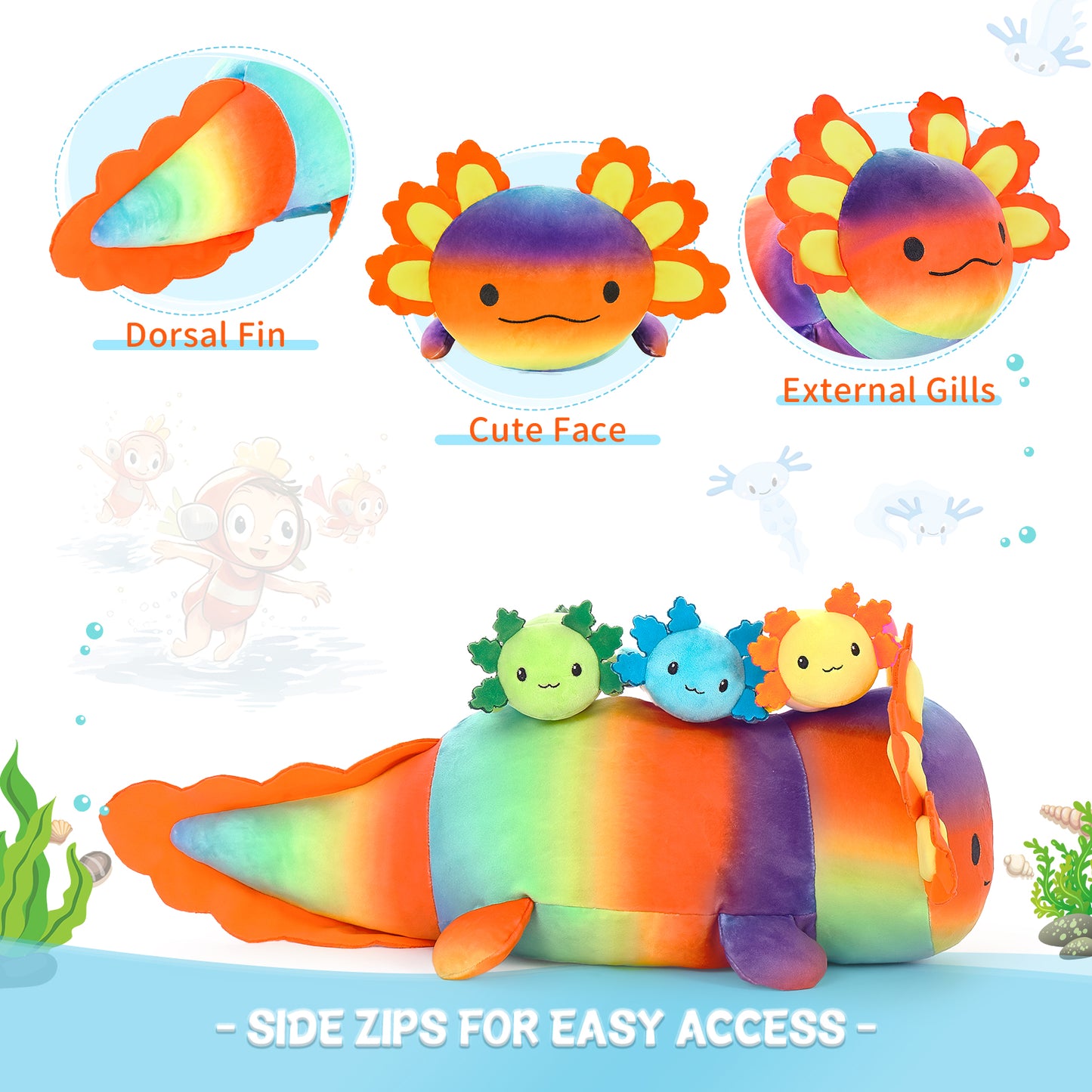 Axolotl Plush Toys - 4 Pcs Axolotl Stuffed Animals Bulk - Cute Salamander 24 Inches Plush Dolls - Stuffed Animal Salamander Babies with Their Mom - Axolotl Cushion Pillow Soft Toys - Gifts for Boys Girls