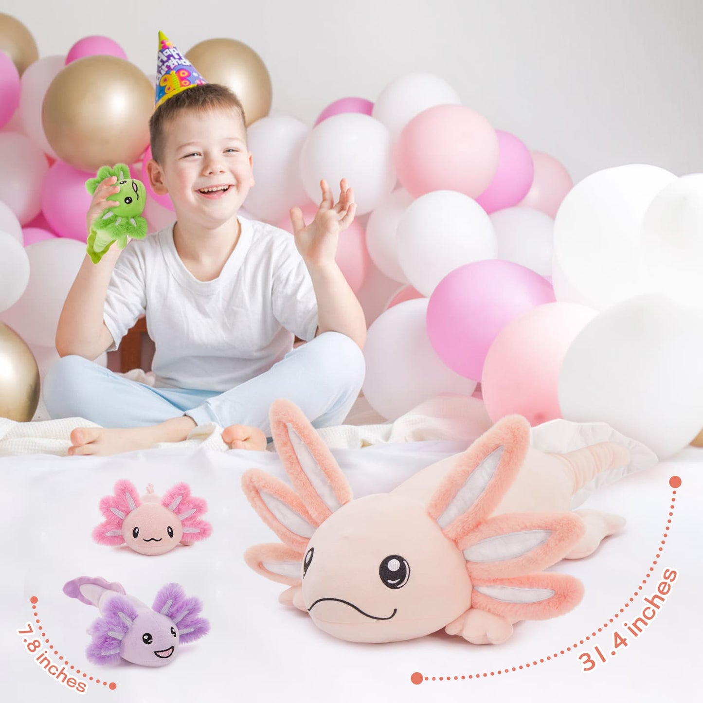 4 Pcs Large Axolotl Stuffed Animals - Axolotl Stuffed Animal Mommy 31.4" with 3 Baby Axolotl Plushies in Tummy - 4 Piece of Cute Axolotl Plush Pillow Toys for Kids - Glow-in-the-dark Salamander Stuffed Animals - Cool Amphibians Plush Toys -  Christmas/Birthday Gift for Friends